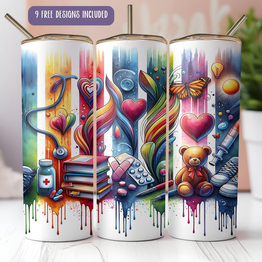 a set of three coffee mugs with different designs on them