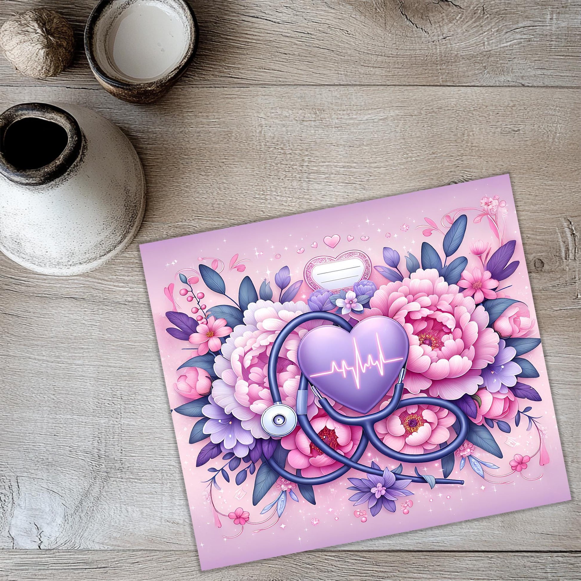 a card with a heart and a stethoscope on it