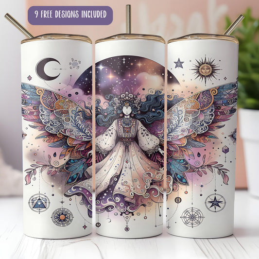 a set of three travel mugs with designs on them
