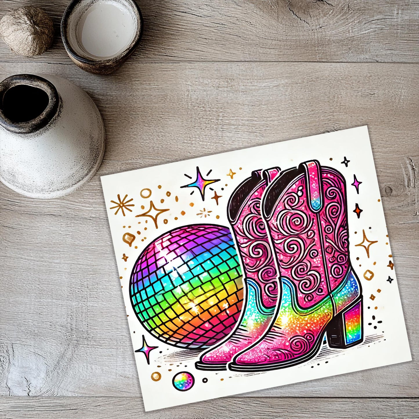 a picture of a pair of cowboy boots with a disco ball