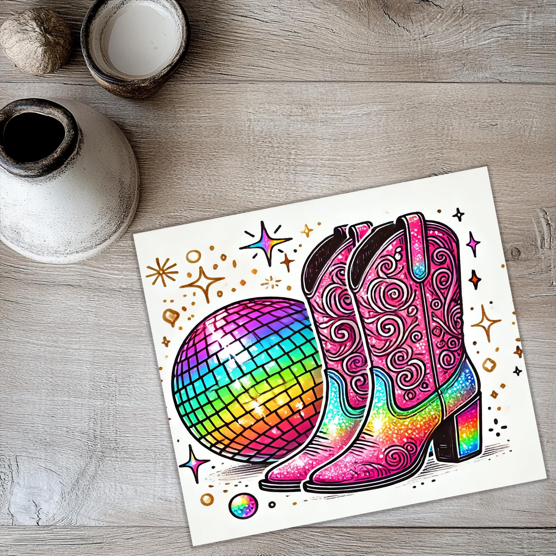 a picture of a pair of cowboy boots with a disco ball