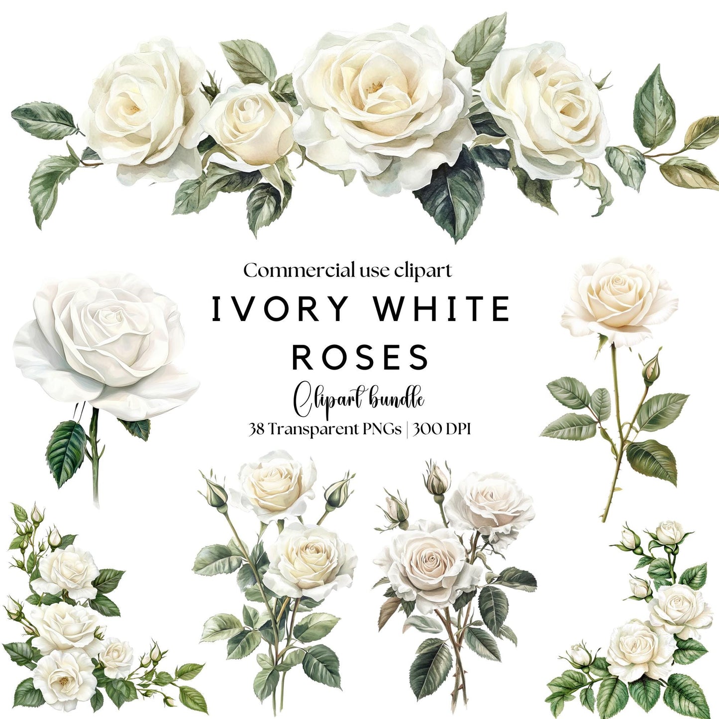 Clipart de rosas blancas marfil en acuarela