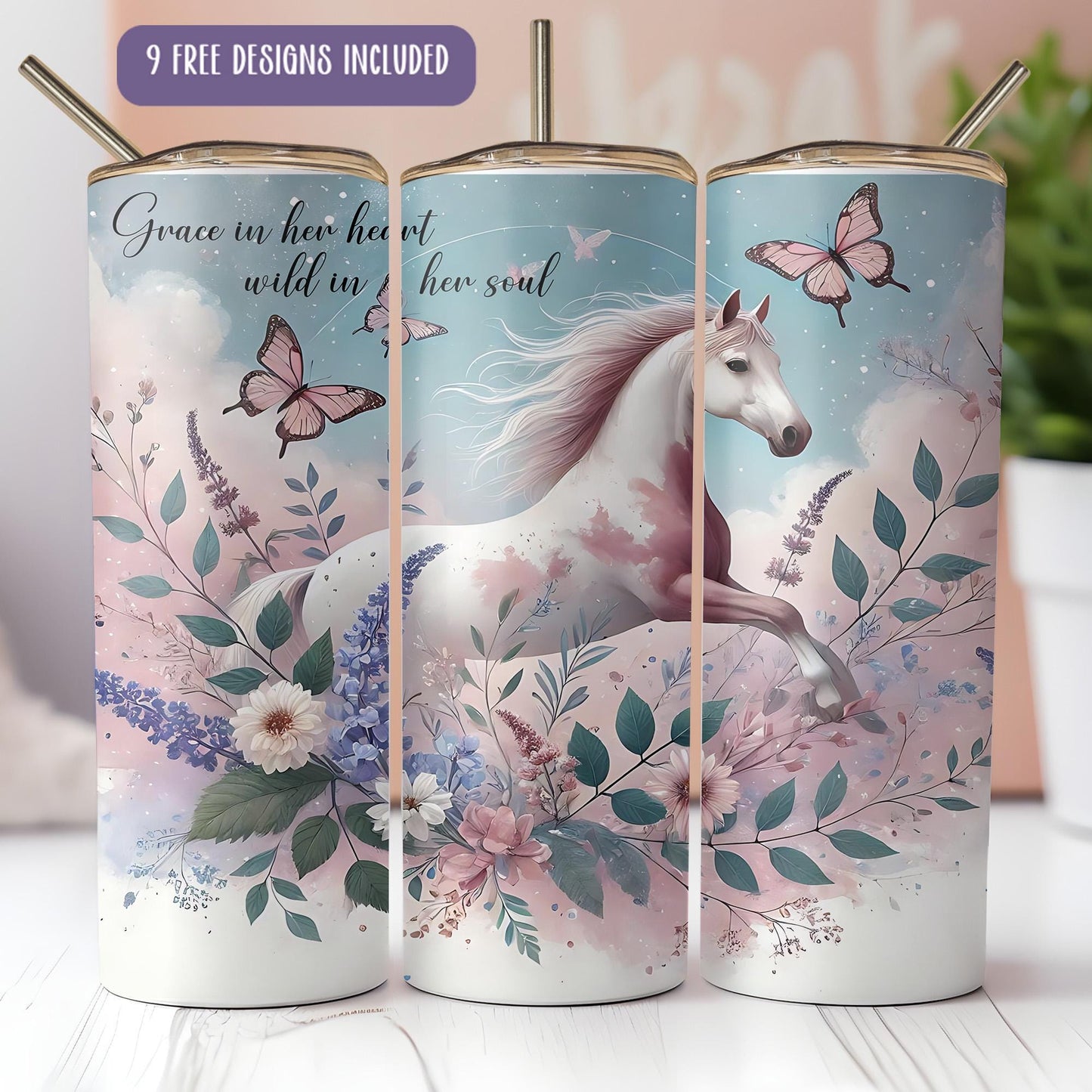 a set of three travel mugs with a picture of a horse