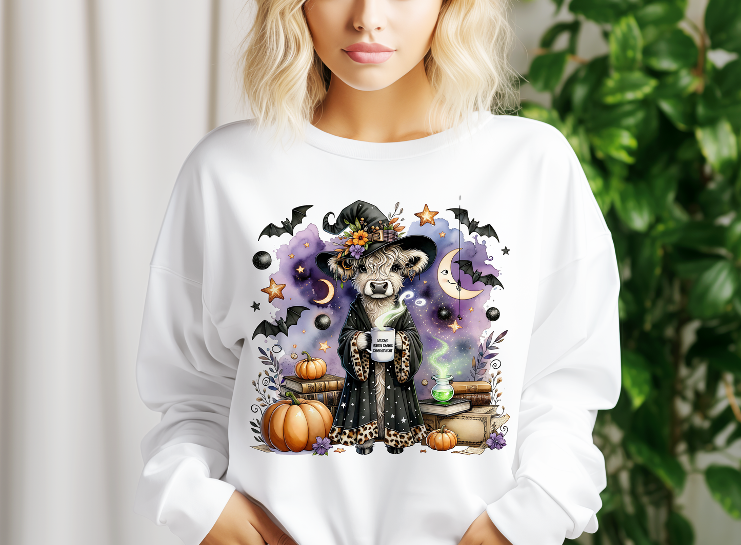 Witchy Mama Chaos Coordinator PNG – Funny Highland Cow Halloween Sublimation