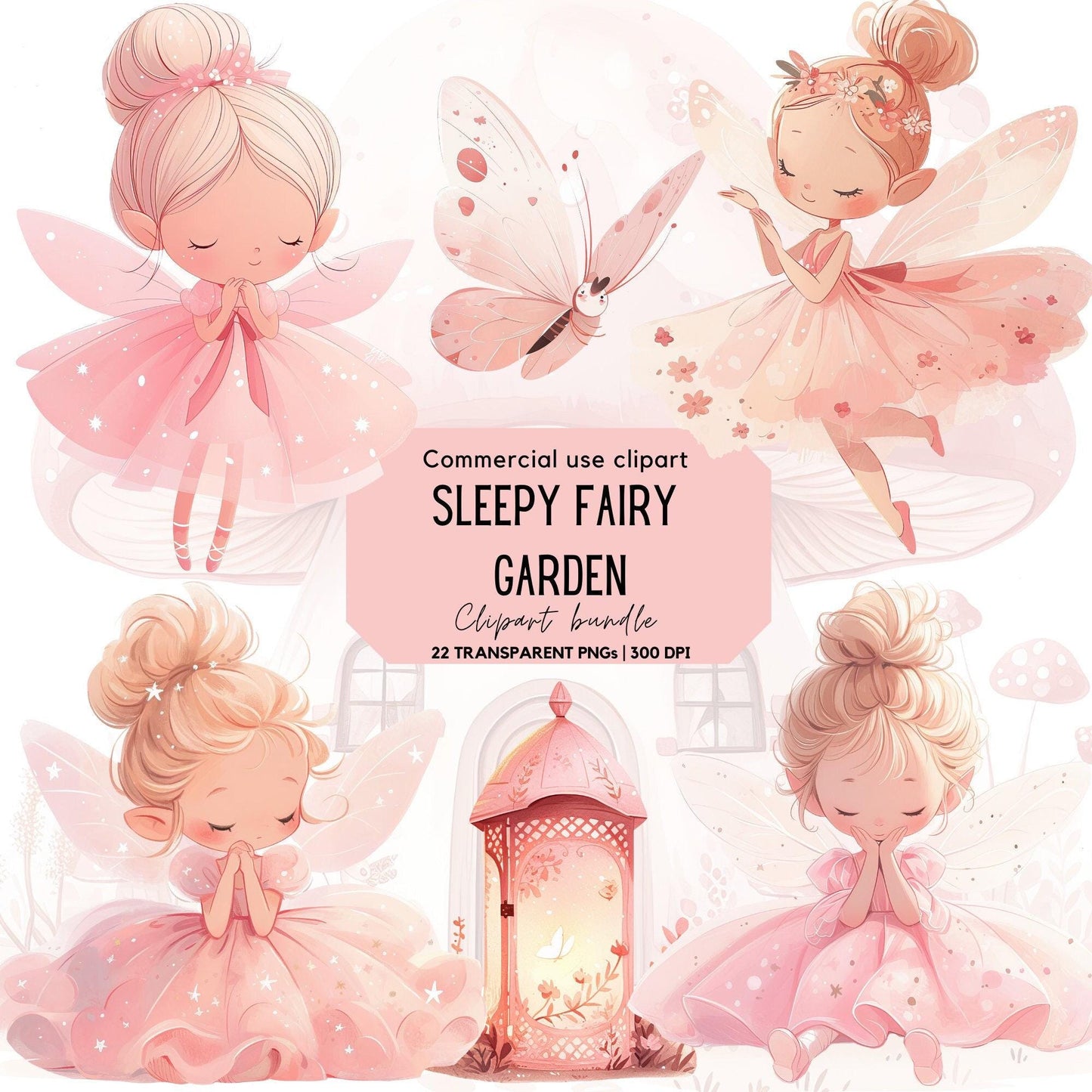 Watercolor Sleepy Fairy Garden Clipart