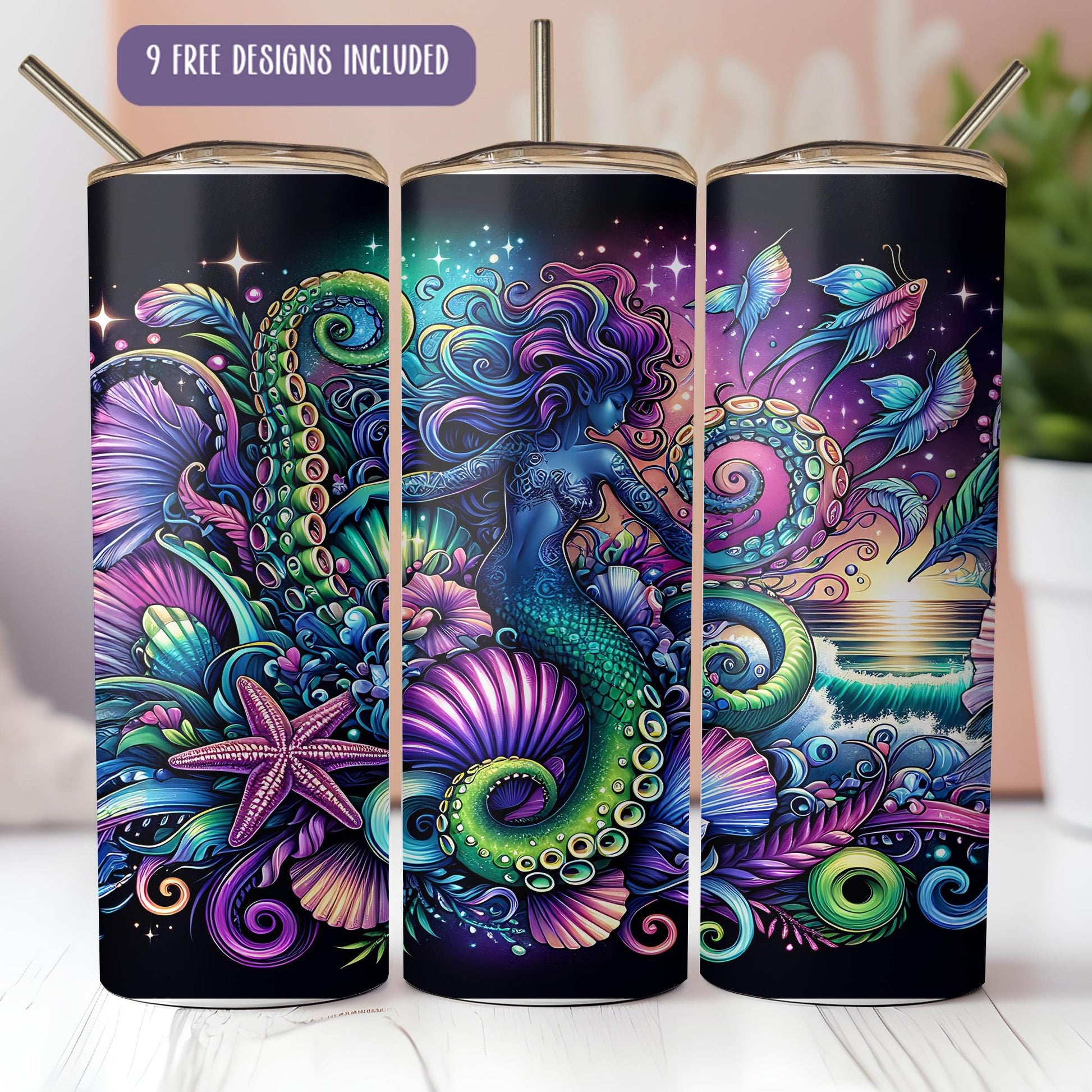 a set of three tumbles with a picture of a mermaid on it