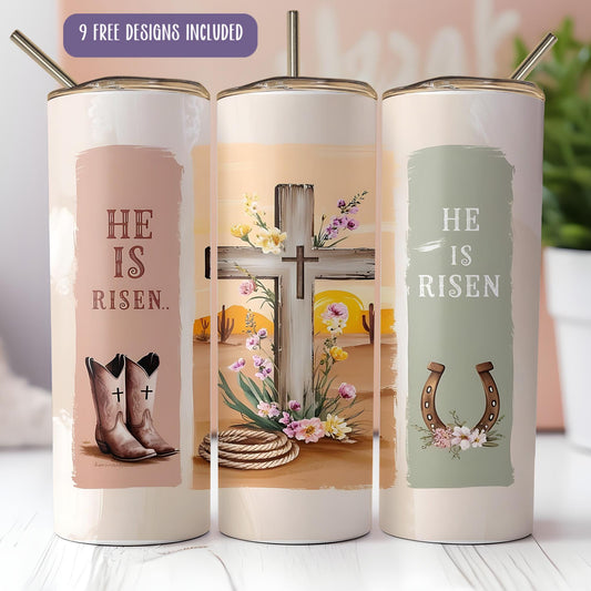 a set of three travel mugs with a cross and flowers on them