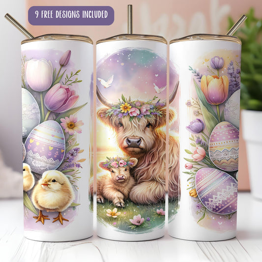 a group of three coffee mugs with a picture of a cow and a chicken