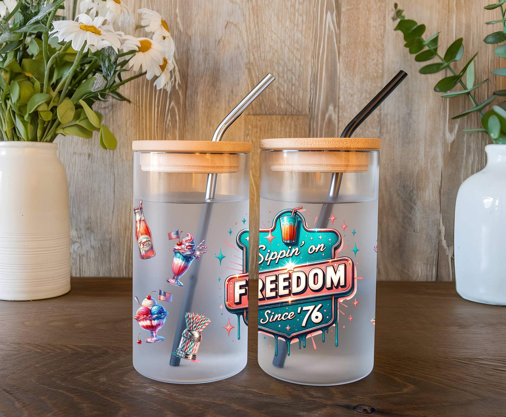 a couple of cups sitting on top of a wooden table