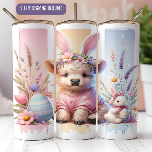 a group of three coffee mugs with a picture of a dog and a bunny