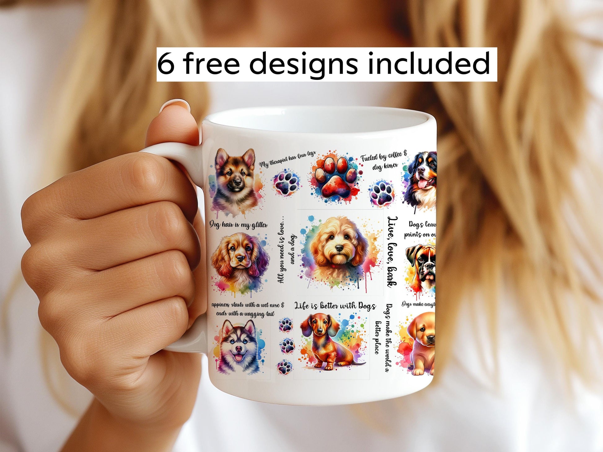 a woman holding a coffee mug with dogs on it