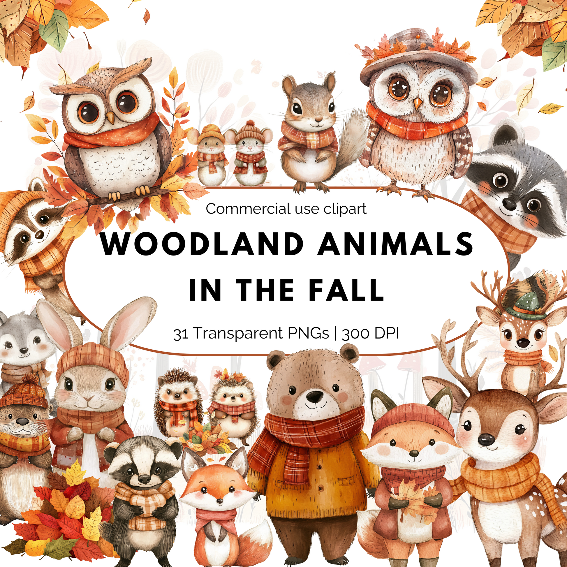 The image is a collage of various woodland animals, including an owl, squirrel, raccoon, deer, and rabbit, all wearing winter clothing and accessories. The animals are surrounded by autumn leaves, creating a festive and cozy atmosphere.