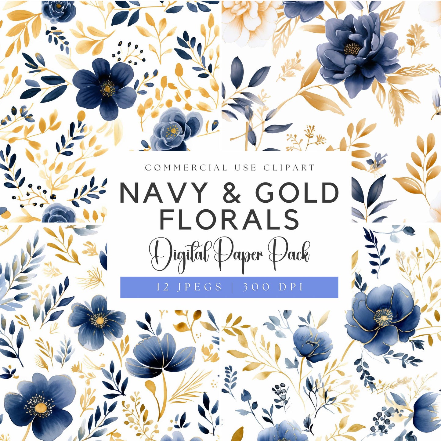 Papeles digitales florales en acuarela azul marino y dorado