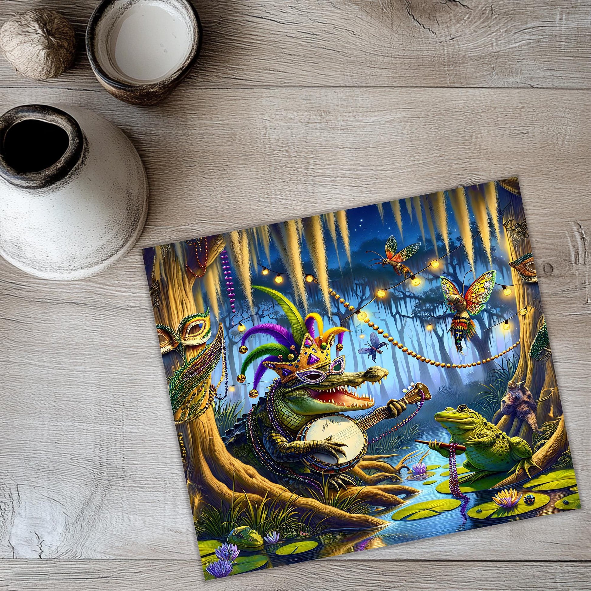 a painting of a frog playing a guitar