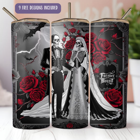 a couple dressed up as skeleton bride and groom