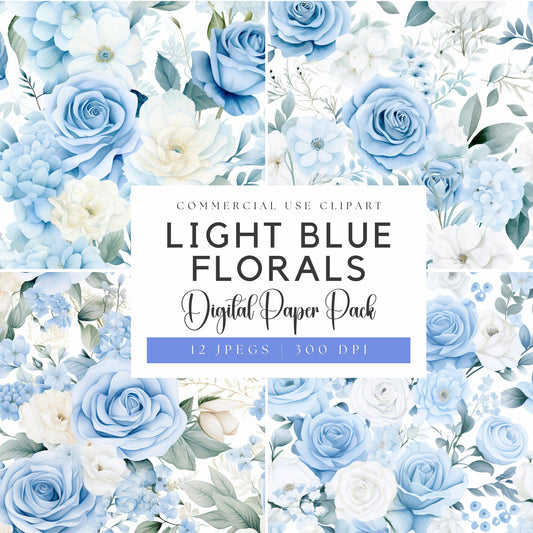 Watercolor Light Blue Floral Digital Papers