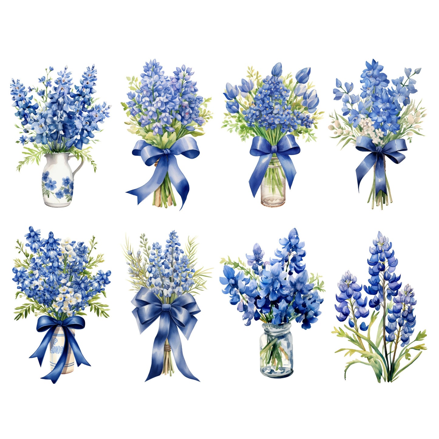 Clipart floral de Texas Bluebonnet en acuarela