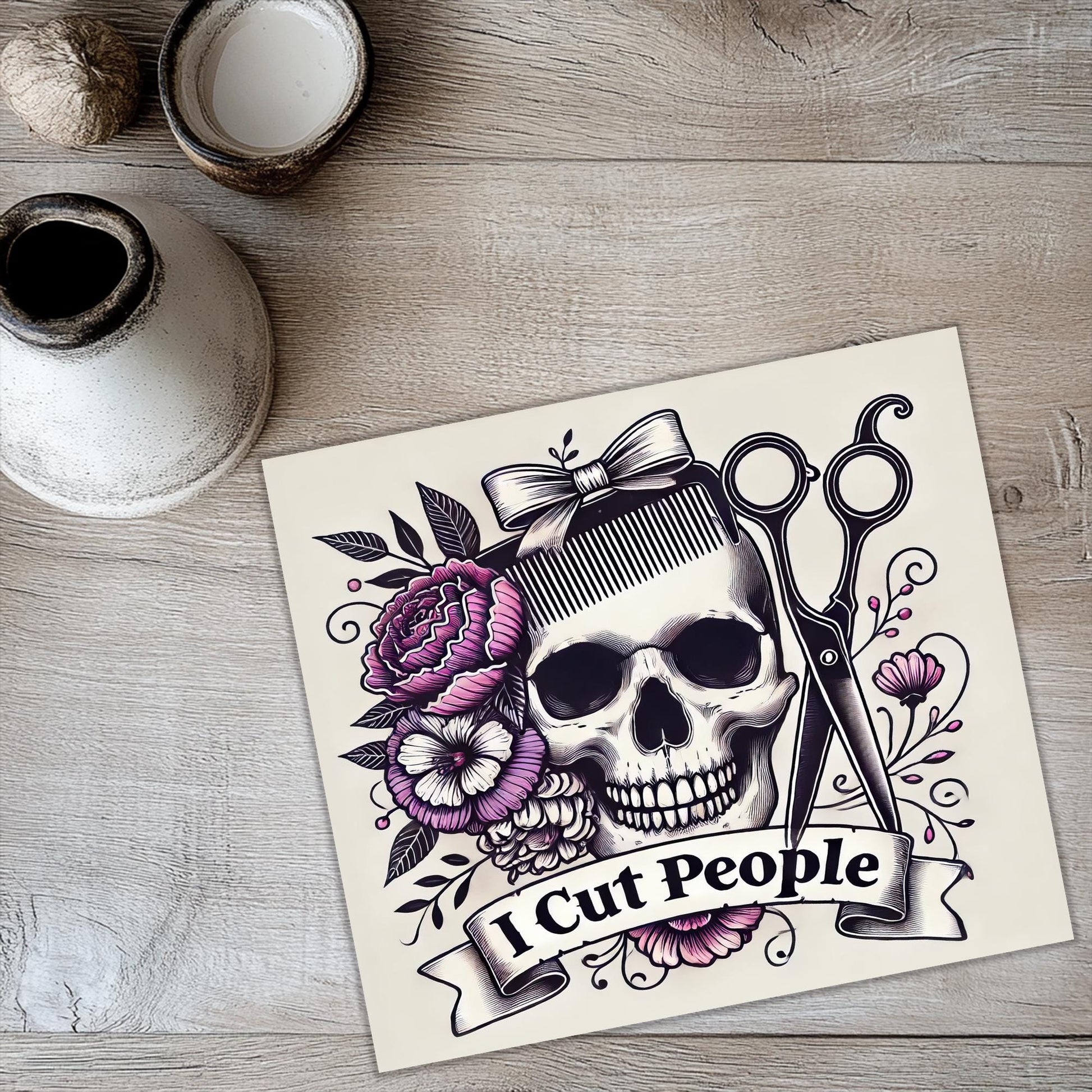 a picture of a skull with scissors and flowers