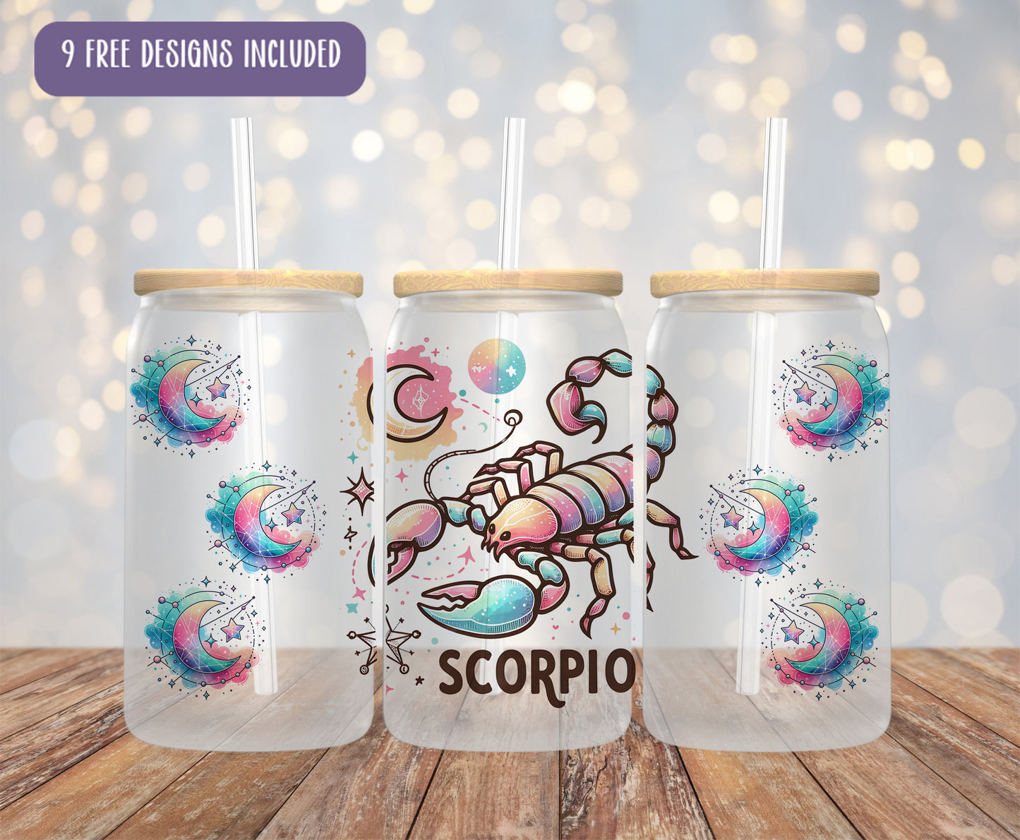 three plastic cups with designs on them sitting on a table