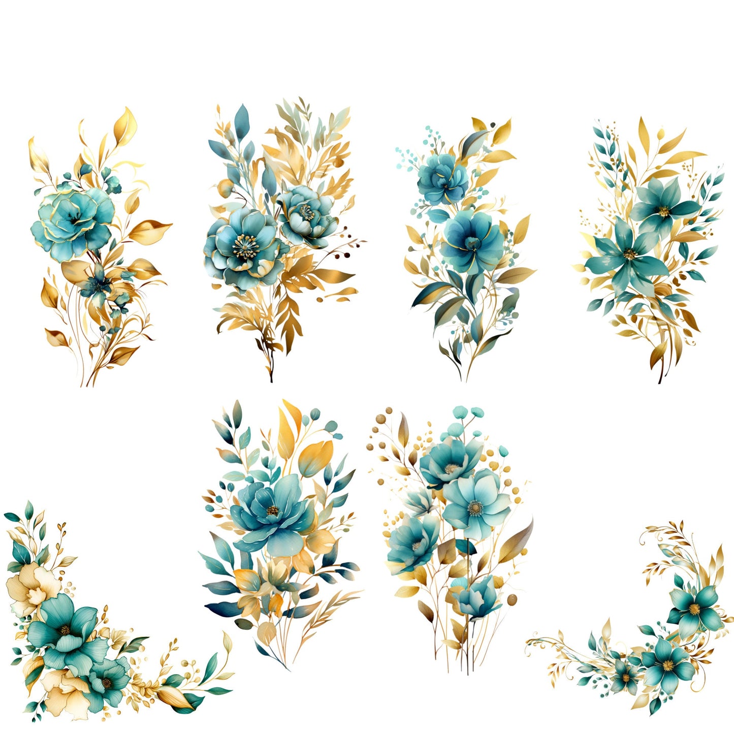 Watercolor Teal & Gold Floral Clipart