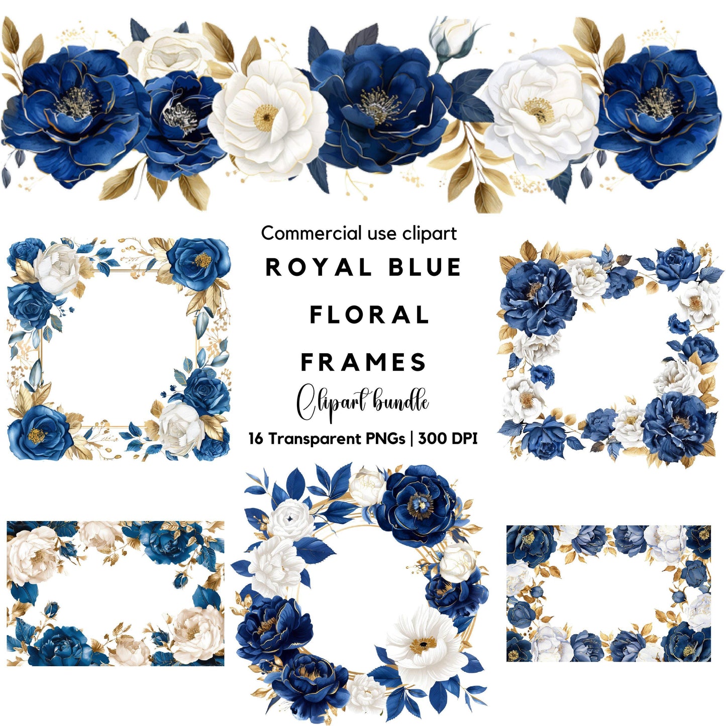 Clipart de marco floral azul real en acuarela