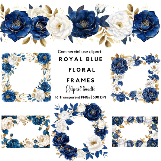 Clipart de marco floral azul real en acuarela