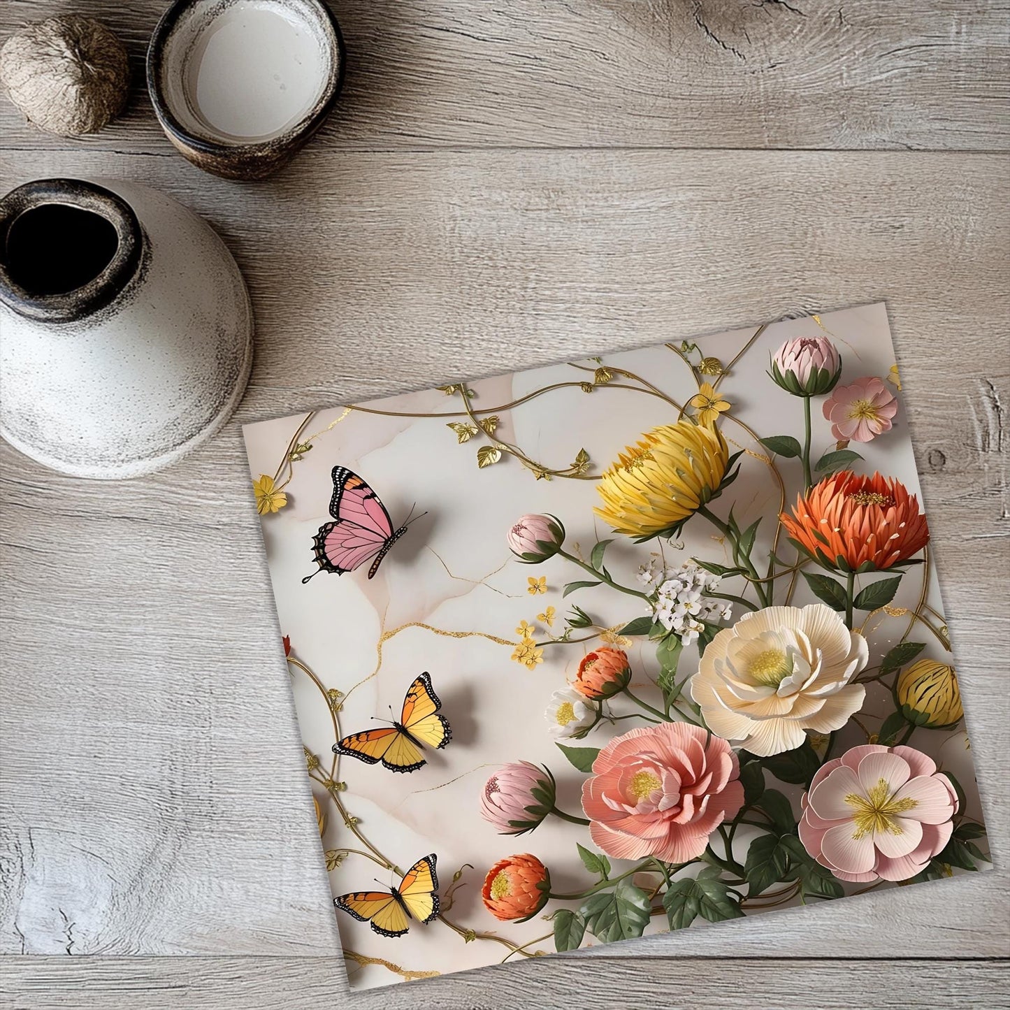 a place mat with flowers and butterflies on it