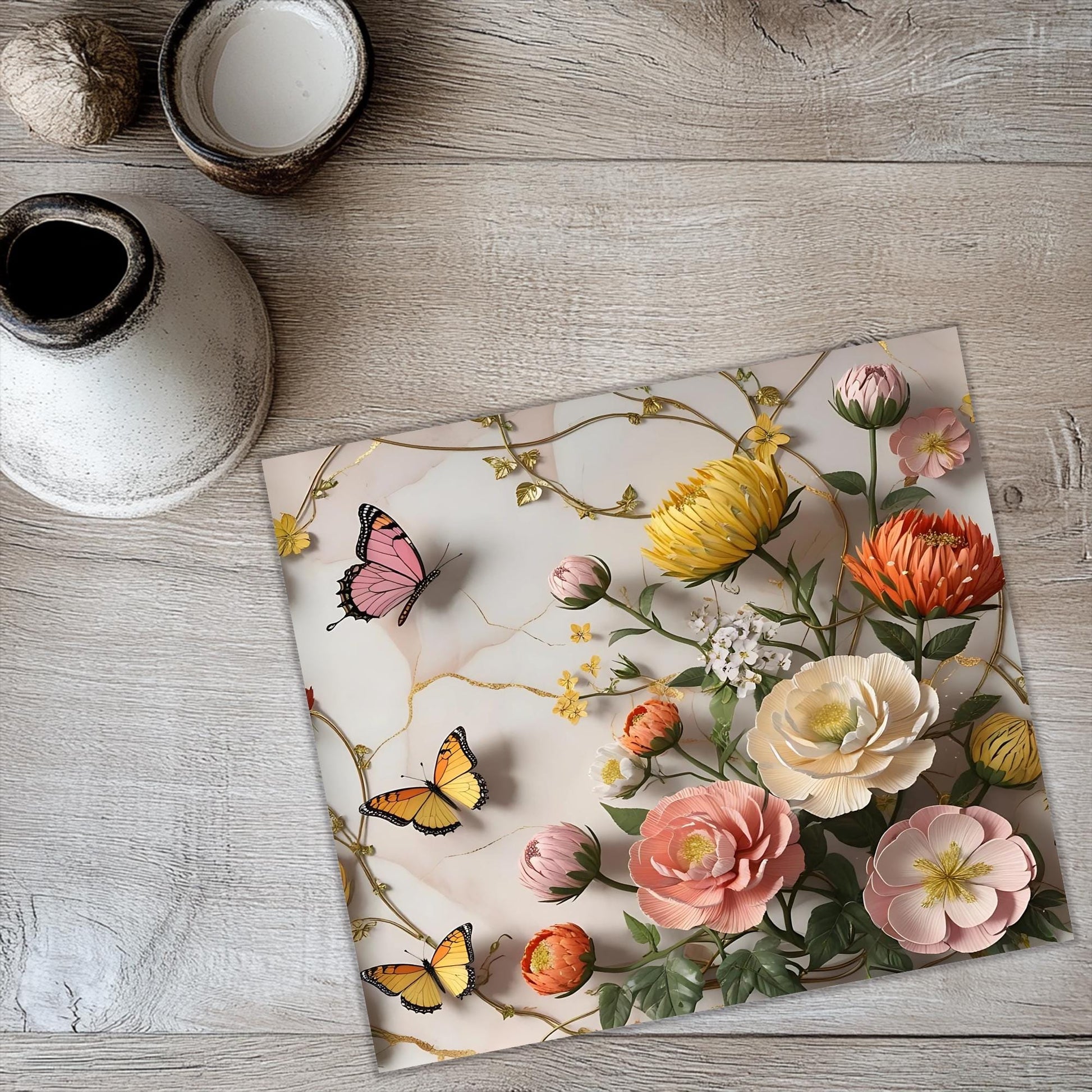a place mat with flowers and butterflies on it