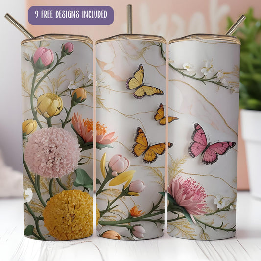 a set of three vases with flowers and butterflies on them
