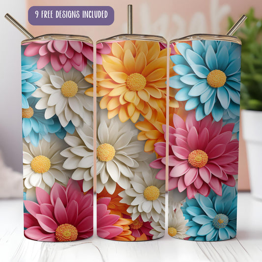 a set of three colorful flower vases sitting on top of a table