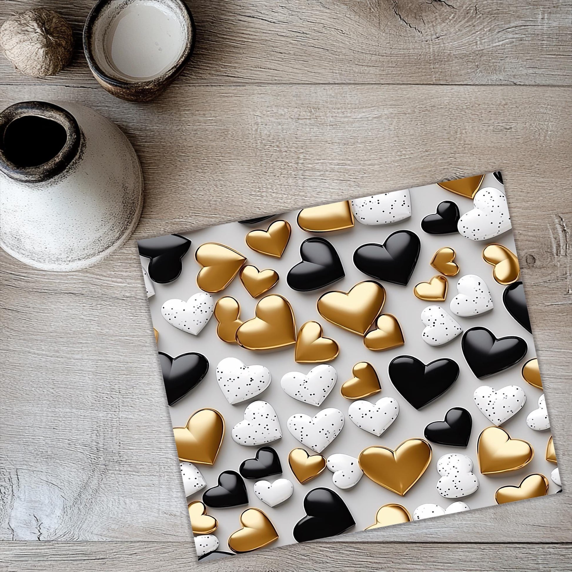 a table topped with lots of hearts on top of a table