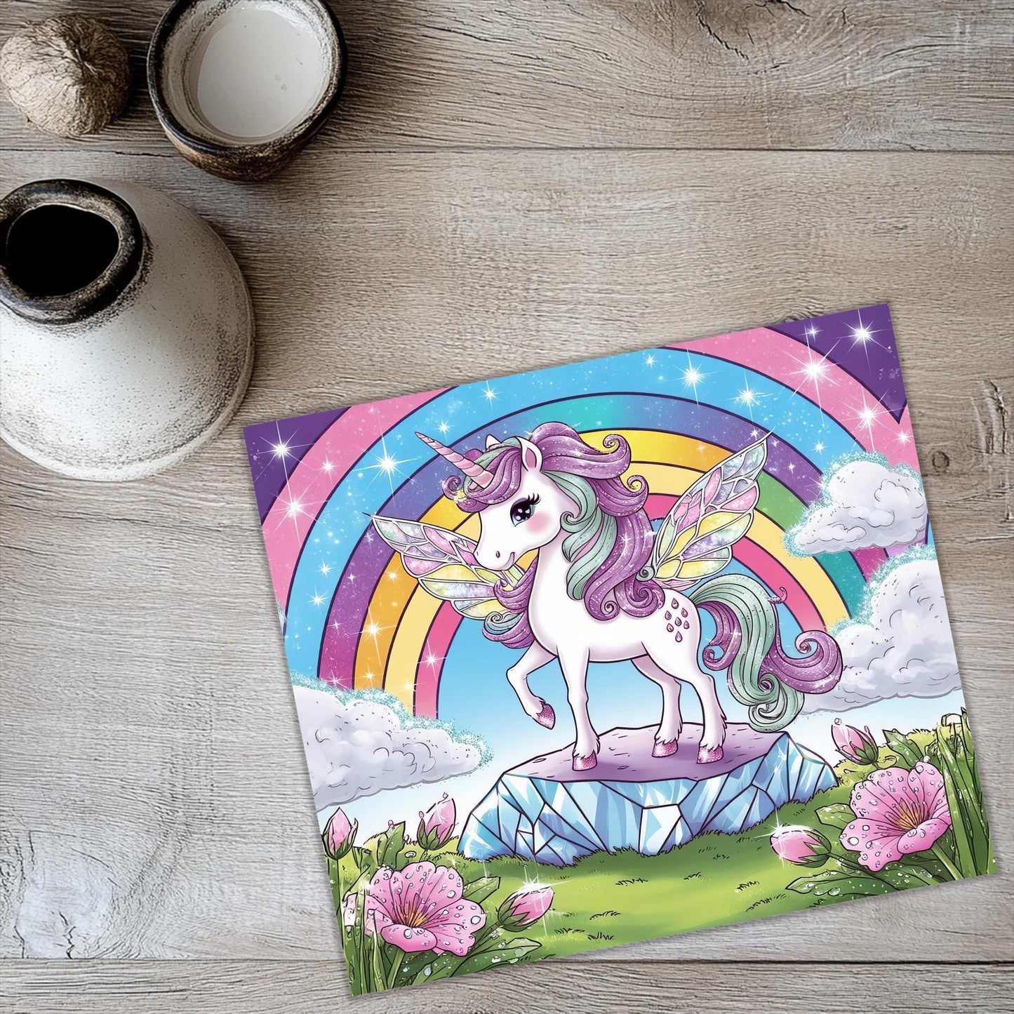a picture of a unicorn with a rainbow in the background