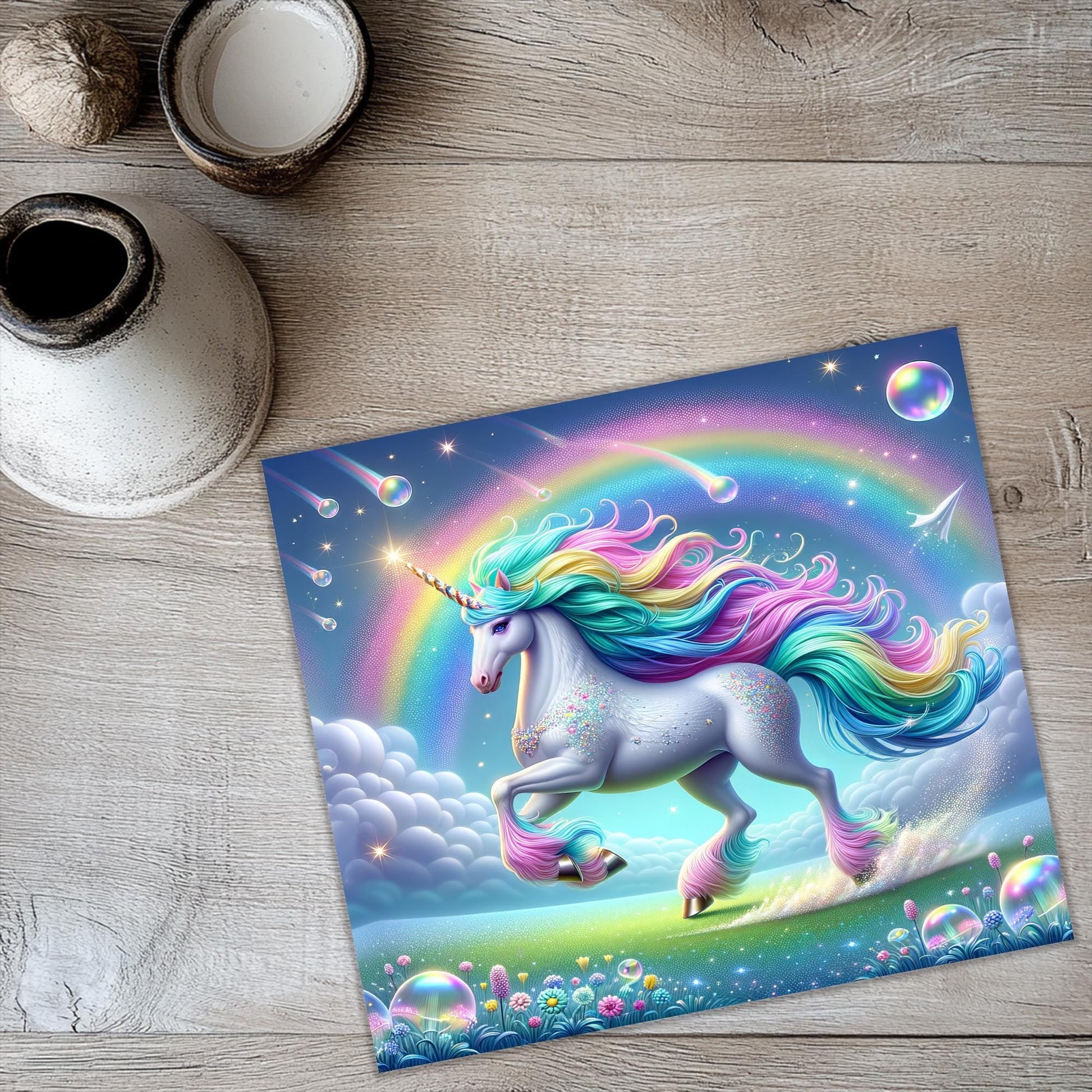 a picture of a unicorn on a wooden floor