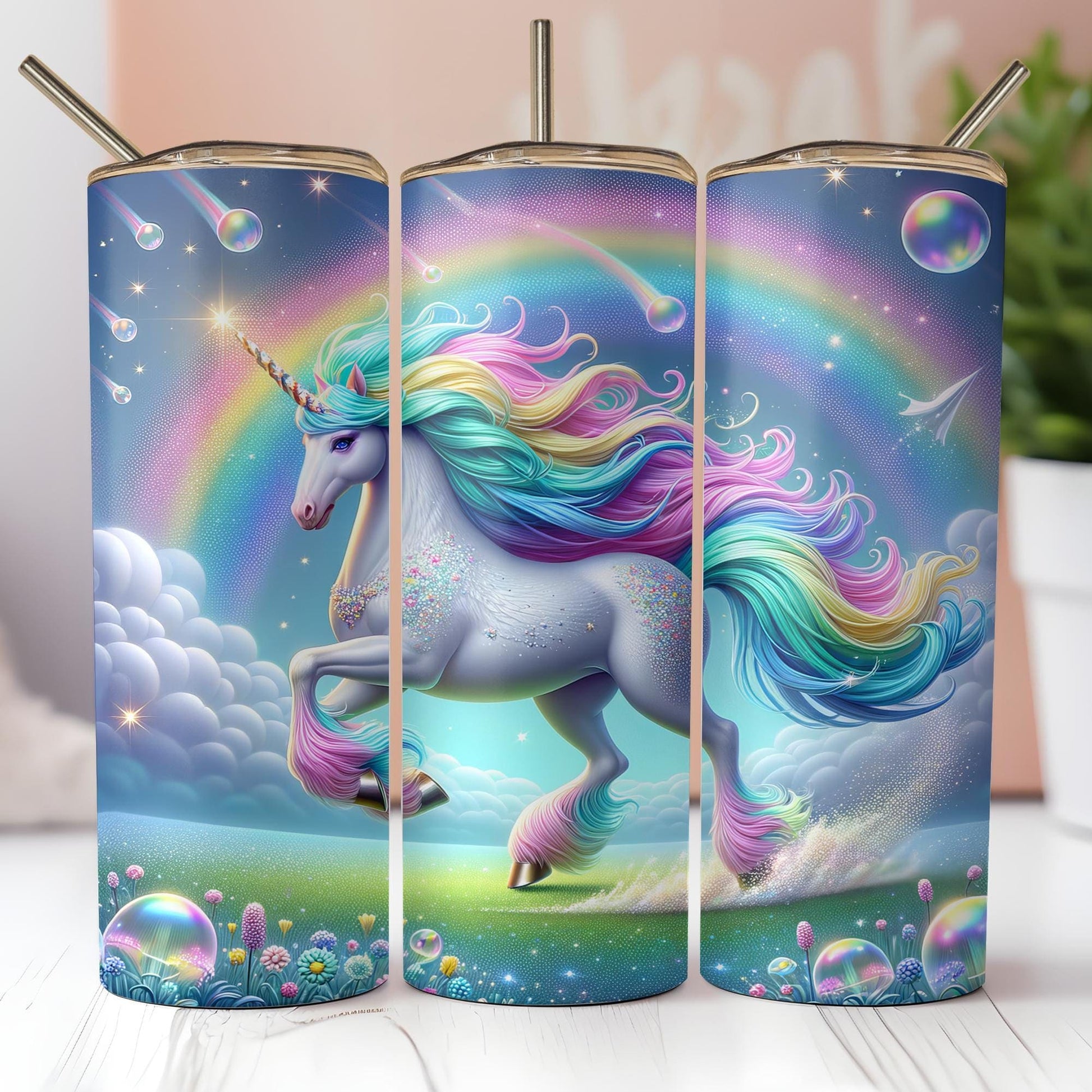 three colorful unicorns are standing in front of a rainbow
