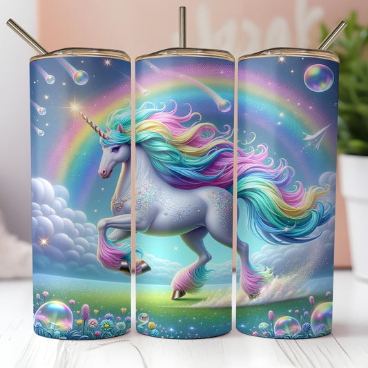 three colorful unicorns are standing in front of a rainbow