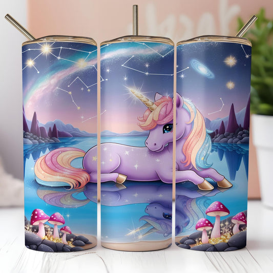 a set of three travel mugs with a picture of a unicorn on it
