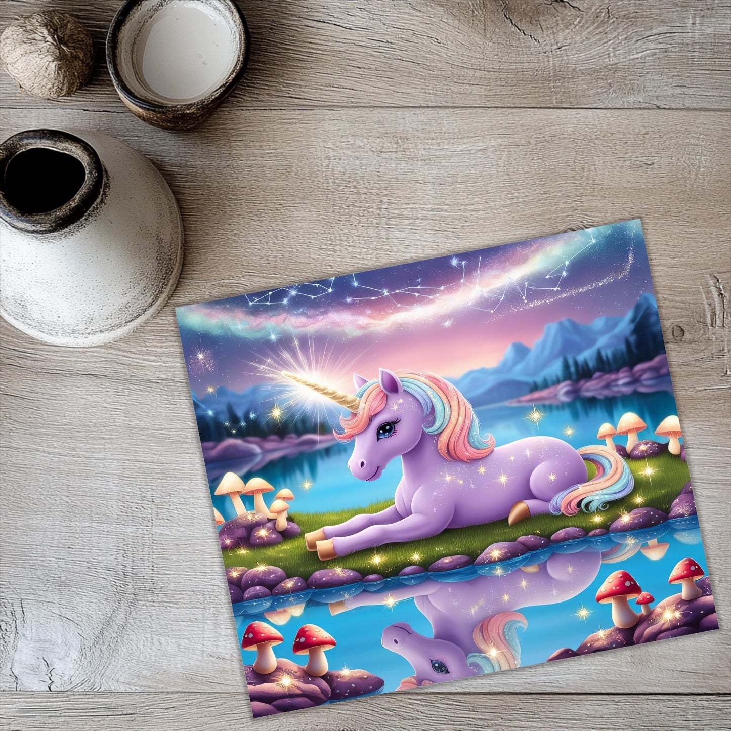 a painting of a unicorn laying on the ground