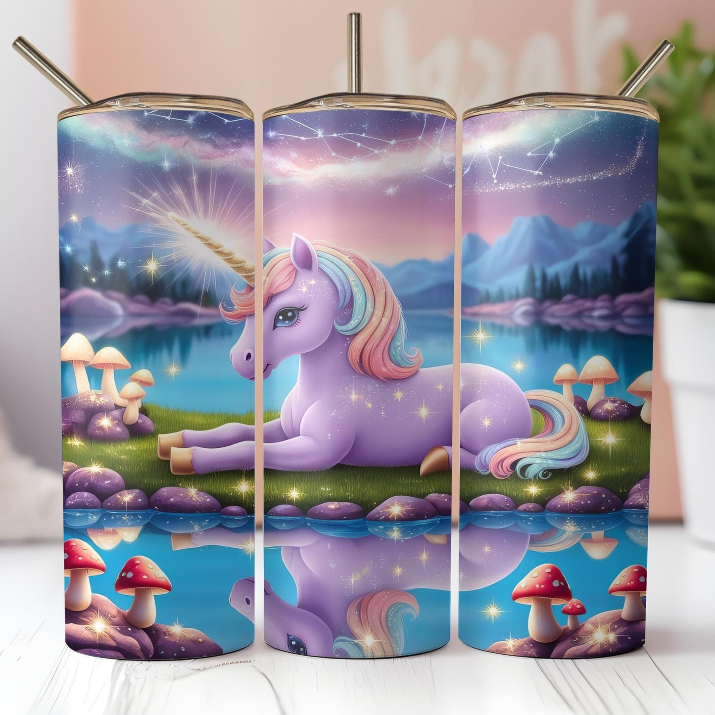 a picture of a unicorn sitting on a rock next to a lake
