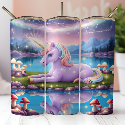 a picture of a unicorn sitting on a rock next to a lake