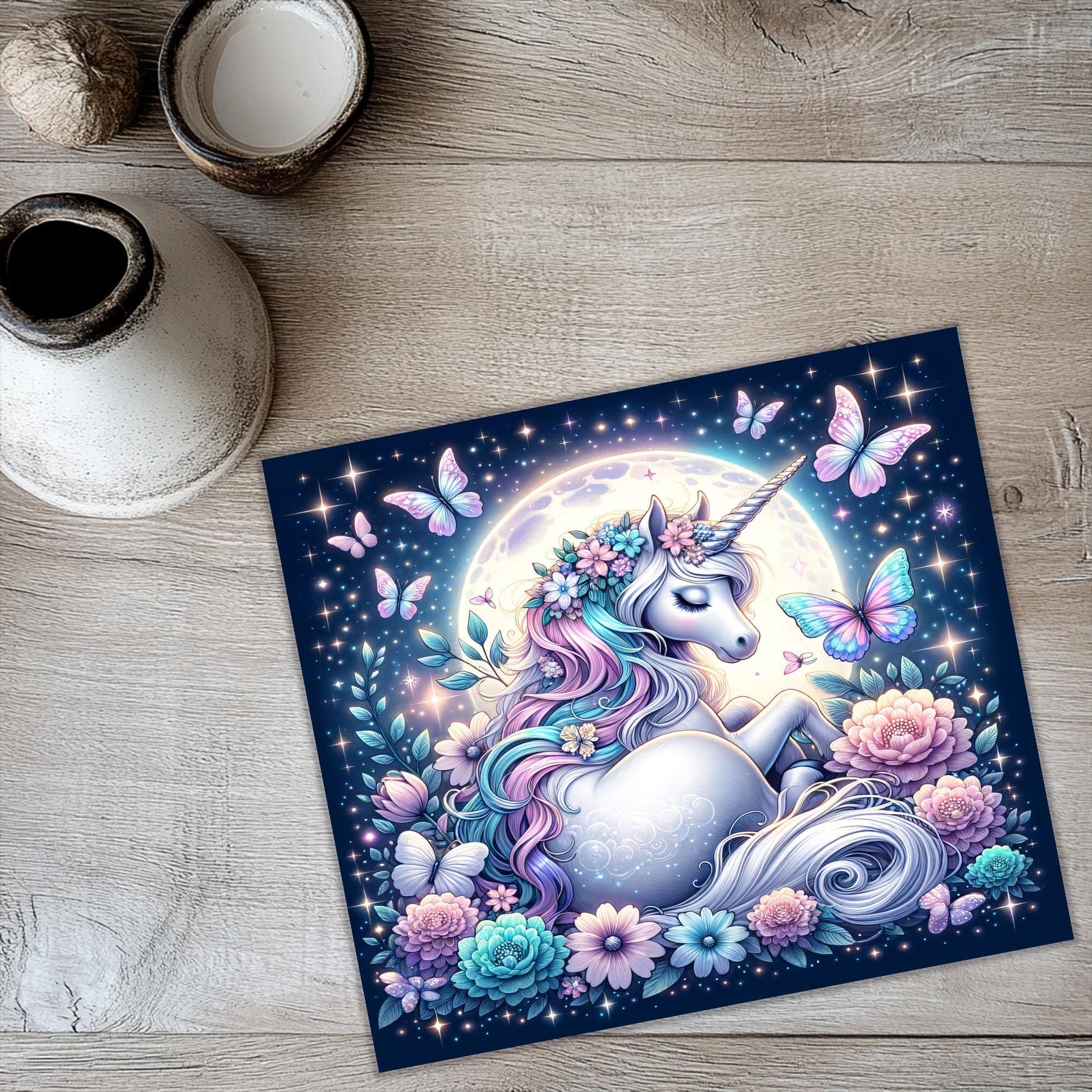a picture of a unicorn with flowers and butterflies