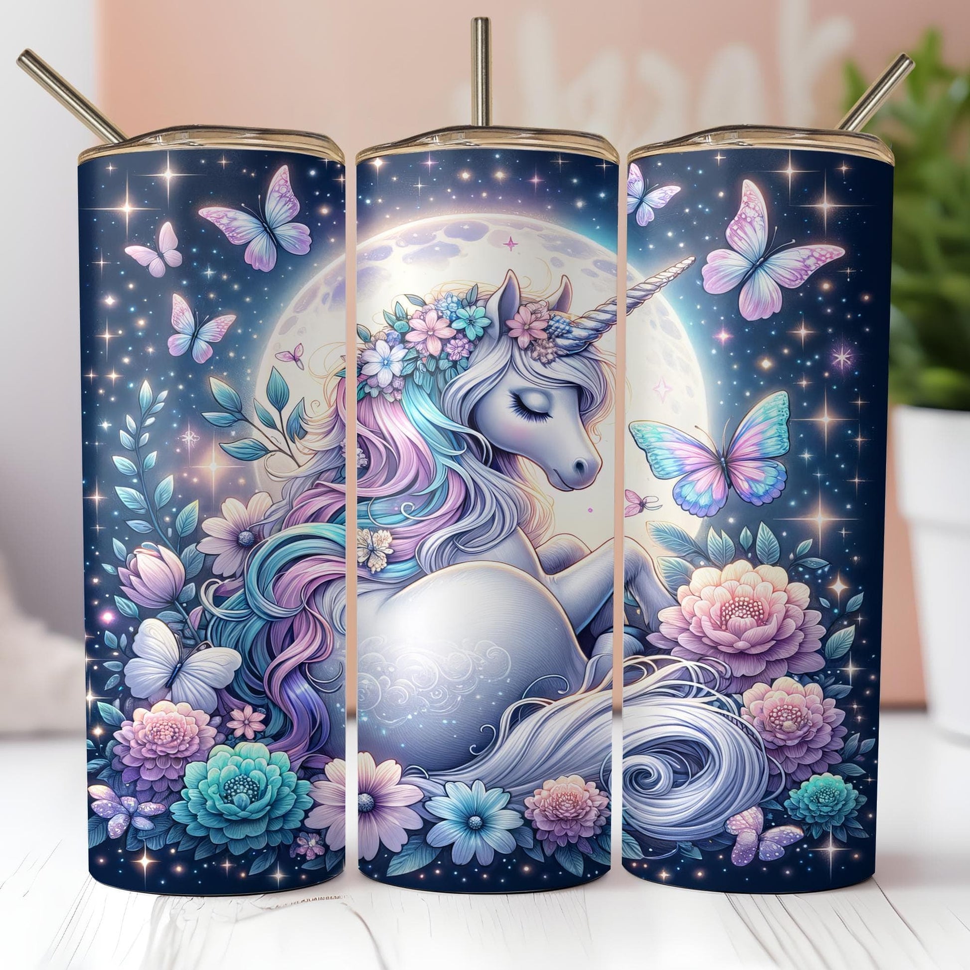 a picture of a unicorn with flowers and butterflies