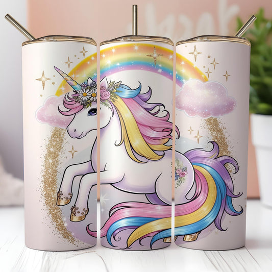 a group of three unicorn tumblers sitting on top of a table