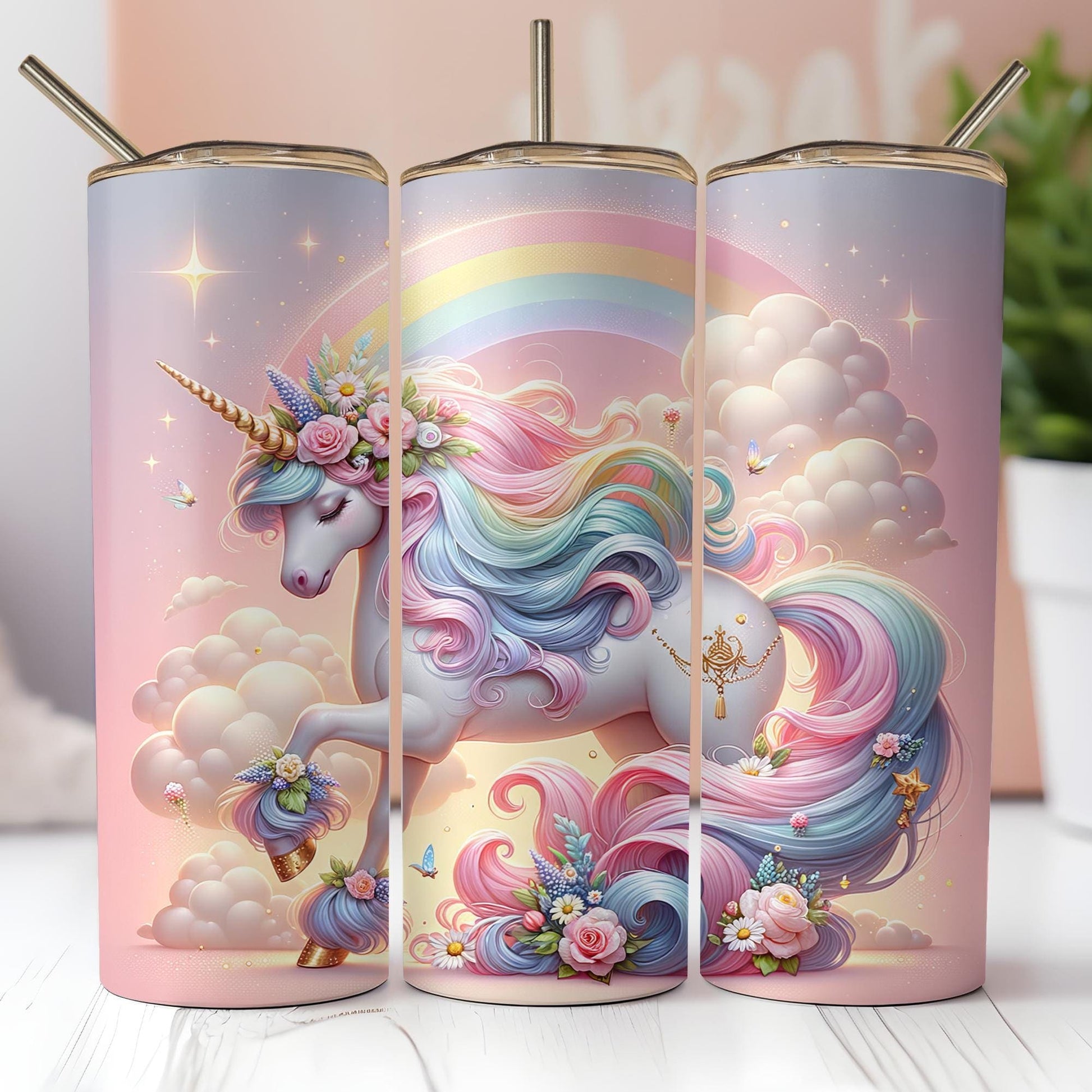 a set of three colorful unicorn tumblers sitting on top of a table