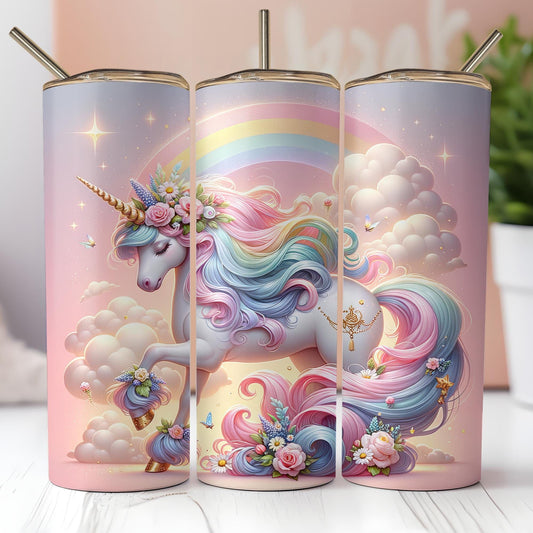 a set of three colorful unicorn tumblers sitting on top of a table
