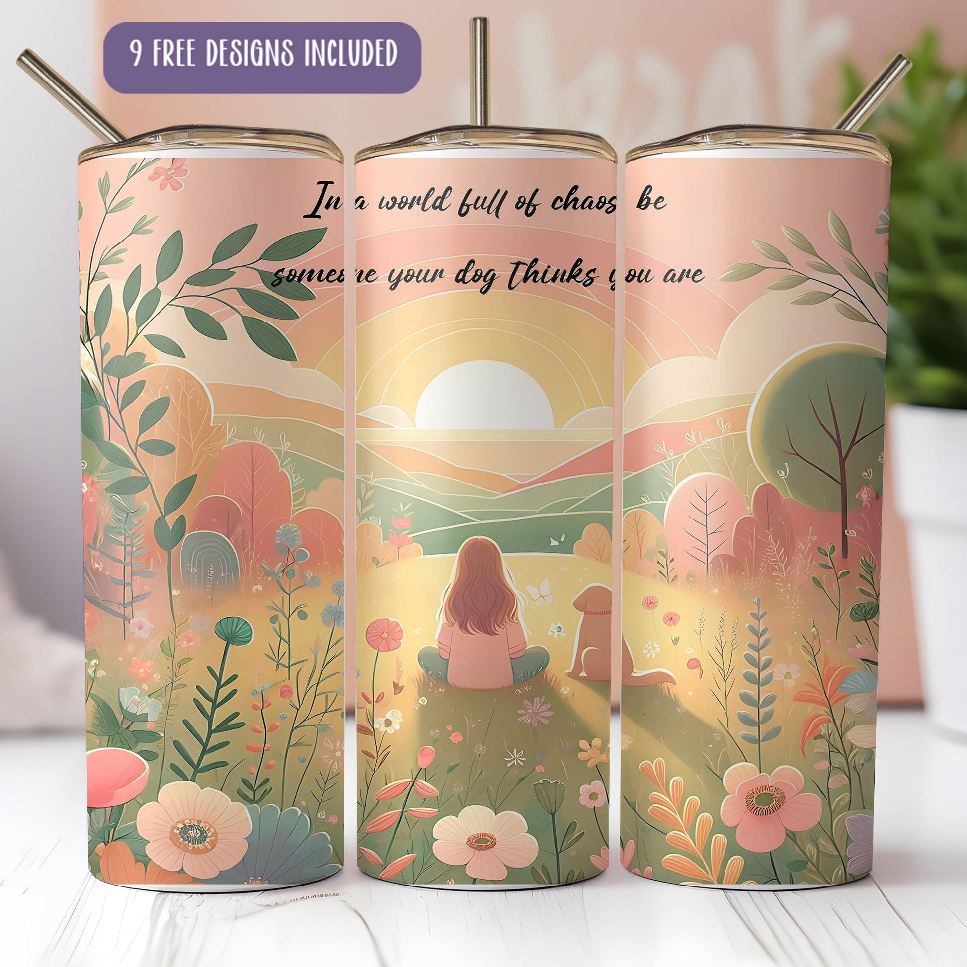 a set of three travel mugs with a picture of a girl sitting on a