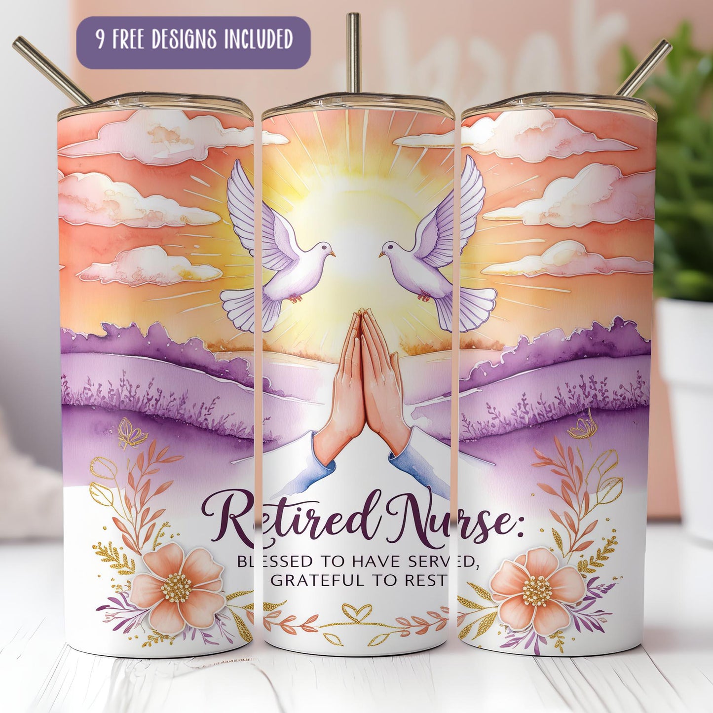 a set of three candles with a picture of a dove and the words retired nurse