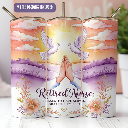 a set of three candles with a picture of a dove and the words retired nurse