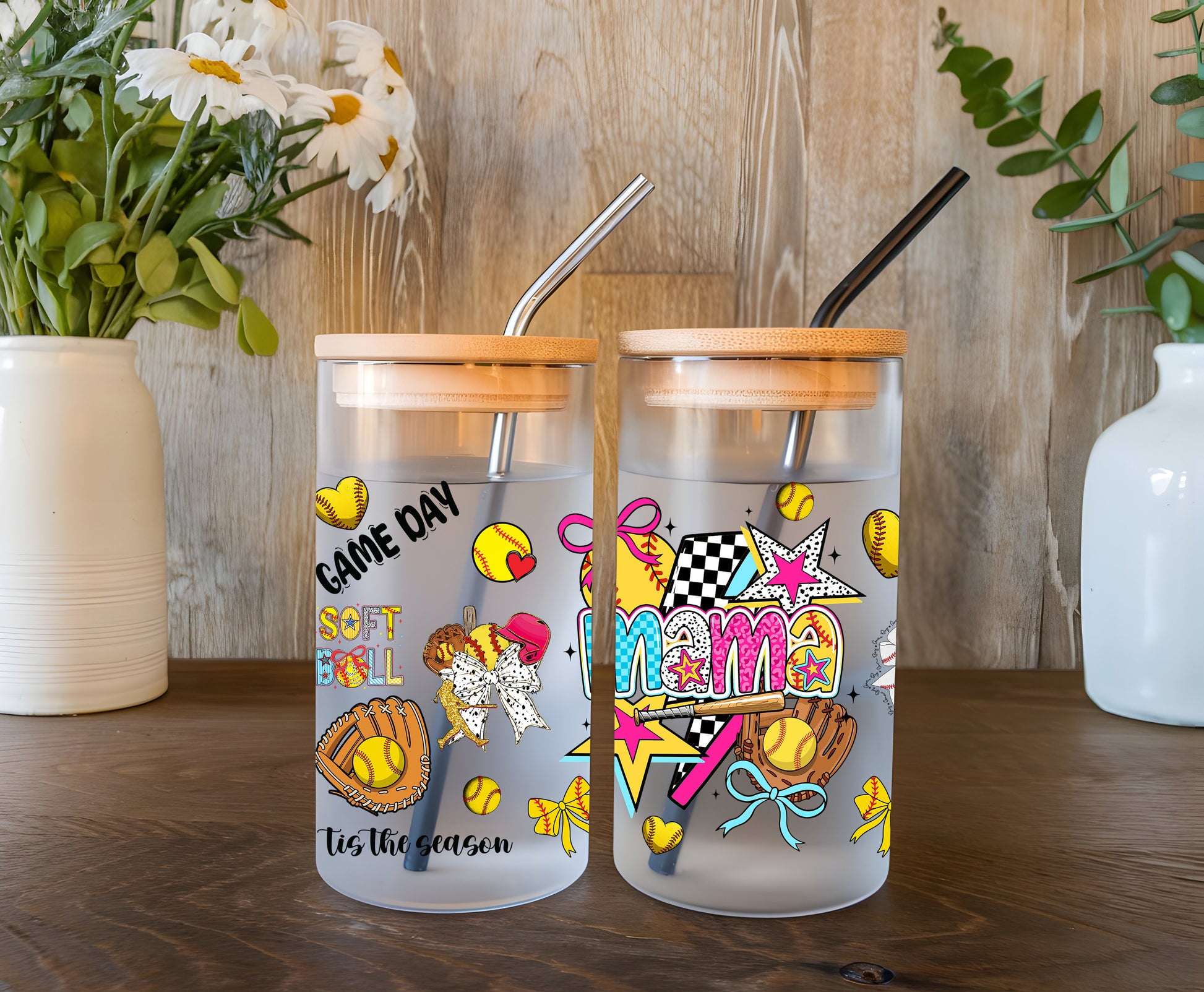 a couple of cups sitting on top of a wooden table