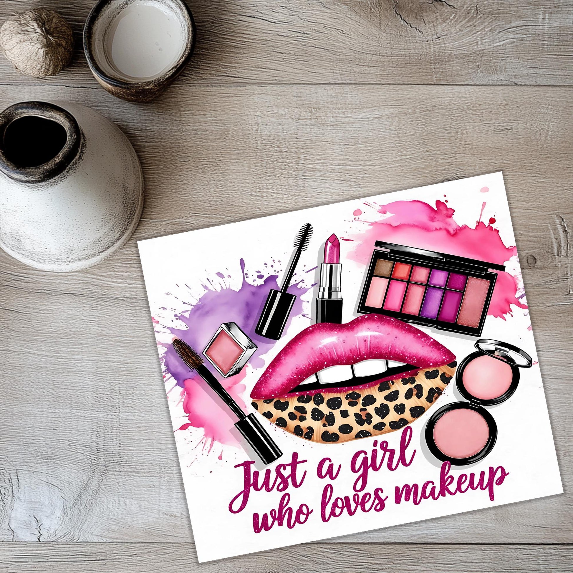 a card with a picture of a lipstick, leopard print, leopard print, and