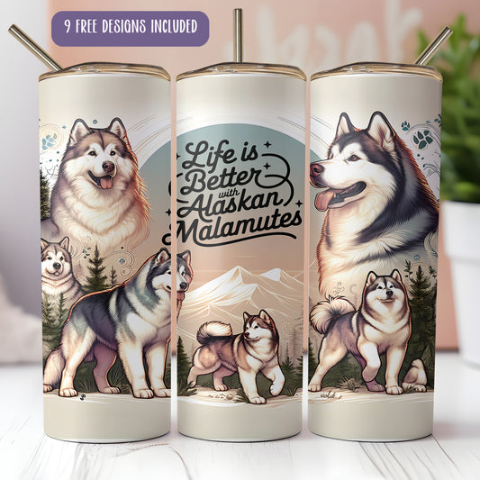 three cylindrical tumblers with designs of husky dogs and mountains.
